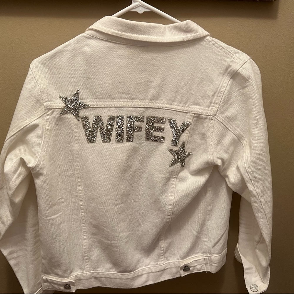 David's Bridal White Silver Jean Jacket Wifey Design